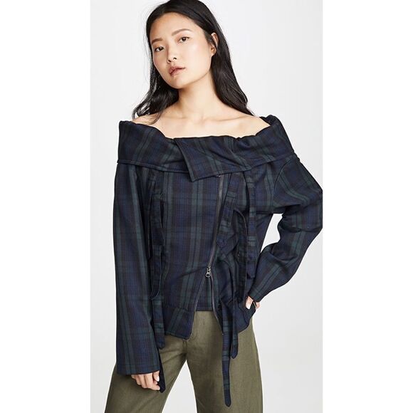 pushBUTTON wool Off Shoulder Jumper Jacket plaid in Navy Size XS - Picture 1 of 13
